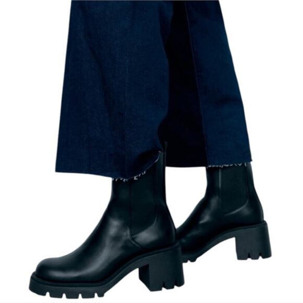 Zara Black Leather Ankle Boots Platform Lug Sole Heel‎ Chelsea Booties Size 41